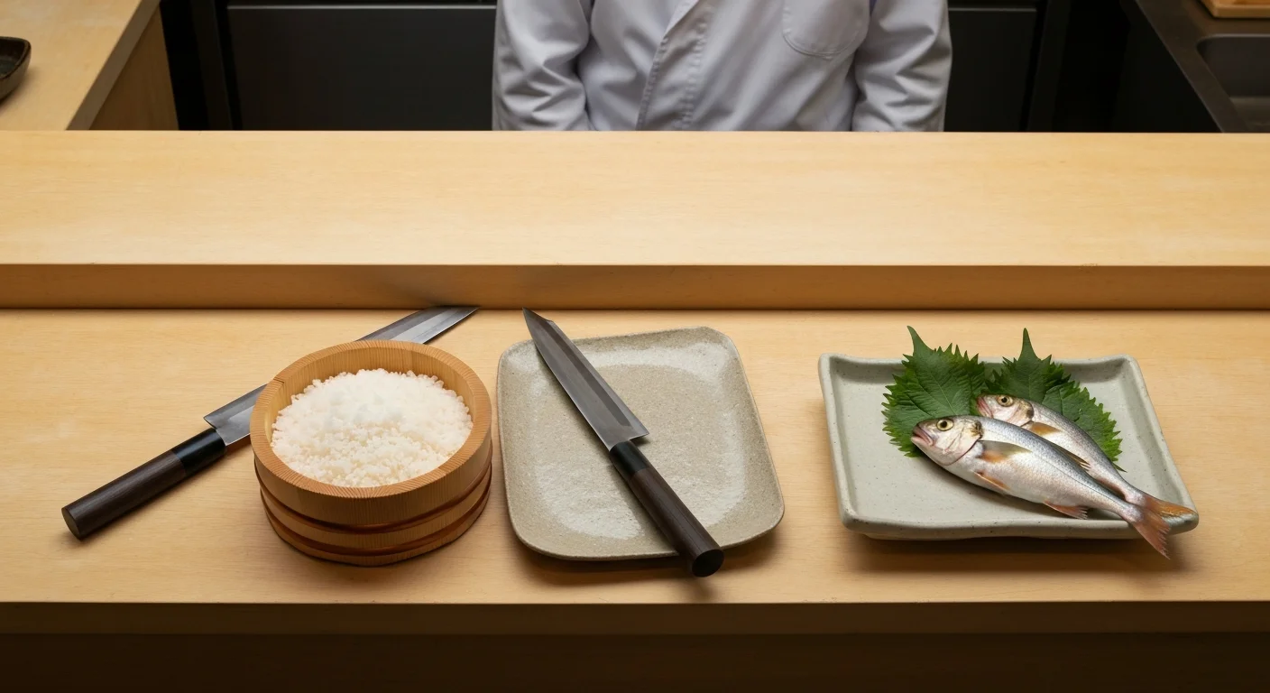 木箱に収めた旬の魚介と包丁、刷毛が置かれた職人の作業台