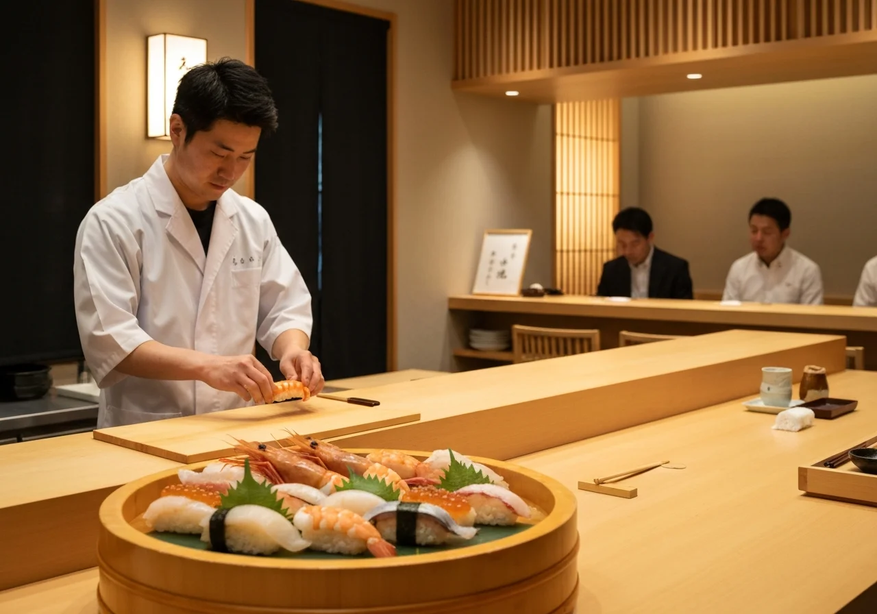 海老と貝を使った握り寿司を木の器に盛り付けた料理写真